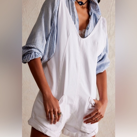 FREE PEOPLE We The Free High Roller Shortall in White Cotton Denim Overalls